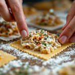 Agnolotti formati pizzicando i bordi della pasta.
