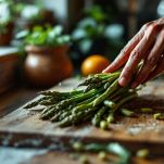 Mani che piegano gli asparagi per rimuovere la base dura