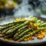 Asparagi al forno serviti caldi nel piatto