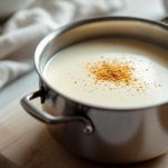 Pentolino con latte vegetale che si scalda sul fuoco