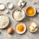 Ciotola con farina, semolino, uova e scorza d’arancia