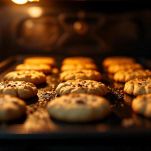 Teglia con biscotti dorati nel forno caldo