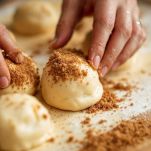 Palline di impasto schiacciate su teglia.