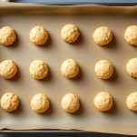 Palline di impasto per biscotti su teglia con carta forno