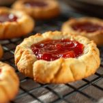Biscotti con marmellata in cottura su teglia