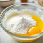 Uovo e zucchero montati in ciotola con frusta