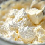 Ciotola con burro e zucchero a velo mescolati con spatola