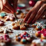 I biscotti cuociono e vengono decorati con glassa