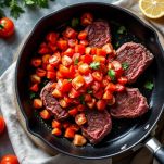 Pomodori ramati a pezzi aggiunti in padella con la carne