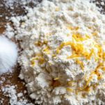 Farina con zucchero sale e scorza di limone in spianatoia