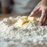 Lievito di birra sciolto e burro a pezzi nella farina
