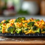 Pirofila di broccoli gratinati lasciata raffreddare sul piano cucina