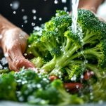 Mani che sciacquano broccoli sotto acqua corrente