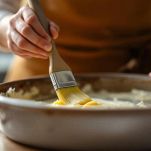 Pennello che unge una pirofila con olio