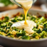 Cucchiaio che versa besciamella sui broccoli