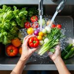 Verdure fresche lavate nel lavello