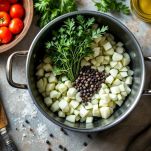 Verdure e aromi in grande pentola