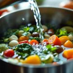 Acqua versata sulle verdure in pentola