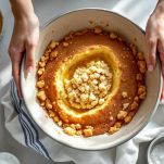 Mani che sbriciolano il pan di Spagna in una ciotola capiente