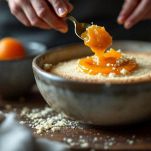 Cucchiaio che mescola briciole di torta con confettura
