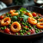 Padella con calamari piselli e passata di pomodoro