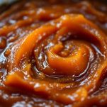 Padella con crema caramellata mescolata con cucchiaio