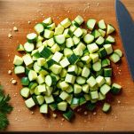 Mani che tagliano zucchine a cubetti su un tagliere di legno