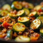 Padella con zucchine e pancetta leggermente dorate