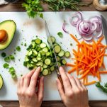 Tagliere con avocado, carota e cetriolo affettati
