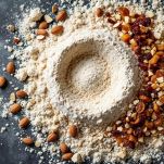 Farina, pane grattugiato, mandorle e frutta secca