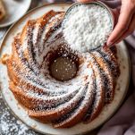 Dolce su piatto con spolverata di zucchero a velo