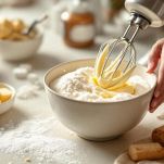 Ciotola con burro e zuccheri montati con fruste elettriche