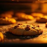 Teglia con cookies che cuociono e diventano dorati