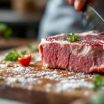 Mani che incidono una costoletta di vitello vicino all’osso