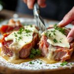 Mani che inseriscono bresaola e fontina nella carne