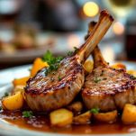 Costolette dorate servite con contorno di patate o verdure