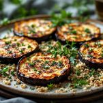 Piatto con melanzane croccanti guarnite con erbe