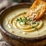 Vellutata di carciofi servita con pane tostato e Parmigiano