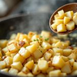 Padella con patate saltate insieme allo scalogno