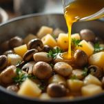 Padella con ingredienti che cuociono nel brodo
