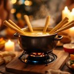 Tavolo con fonduta e crostini di pane