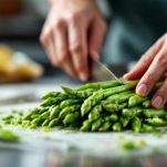 Mani che tagliano la parte legnosa degli asparagi