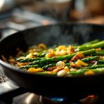 Padella con asparagi e cipolla che rosolano