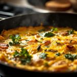 Padella con frittata dorata durante la cottura