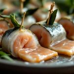 Fette di pesce spada farcite con salvia e arrotolate