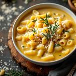 Zuppa fumante nel piatto fondo