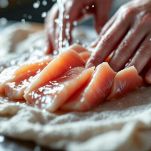 Fette di pesce spada tamponate su tagliere