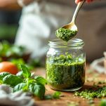 Salsa verde trasferita in contenitore