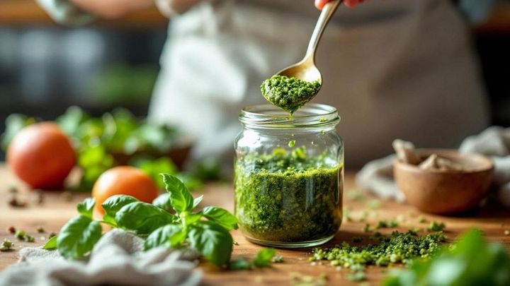 Salsa verde trasferita in contenitore