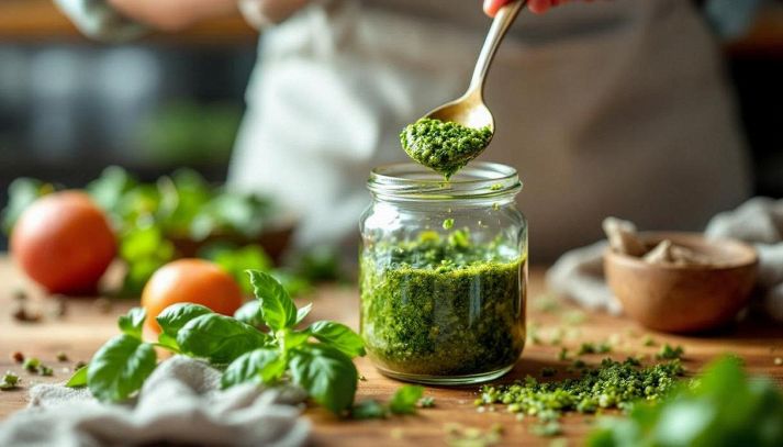Salsa verde trasferita in contenitore
